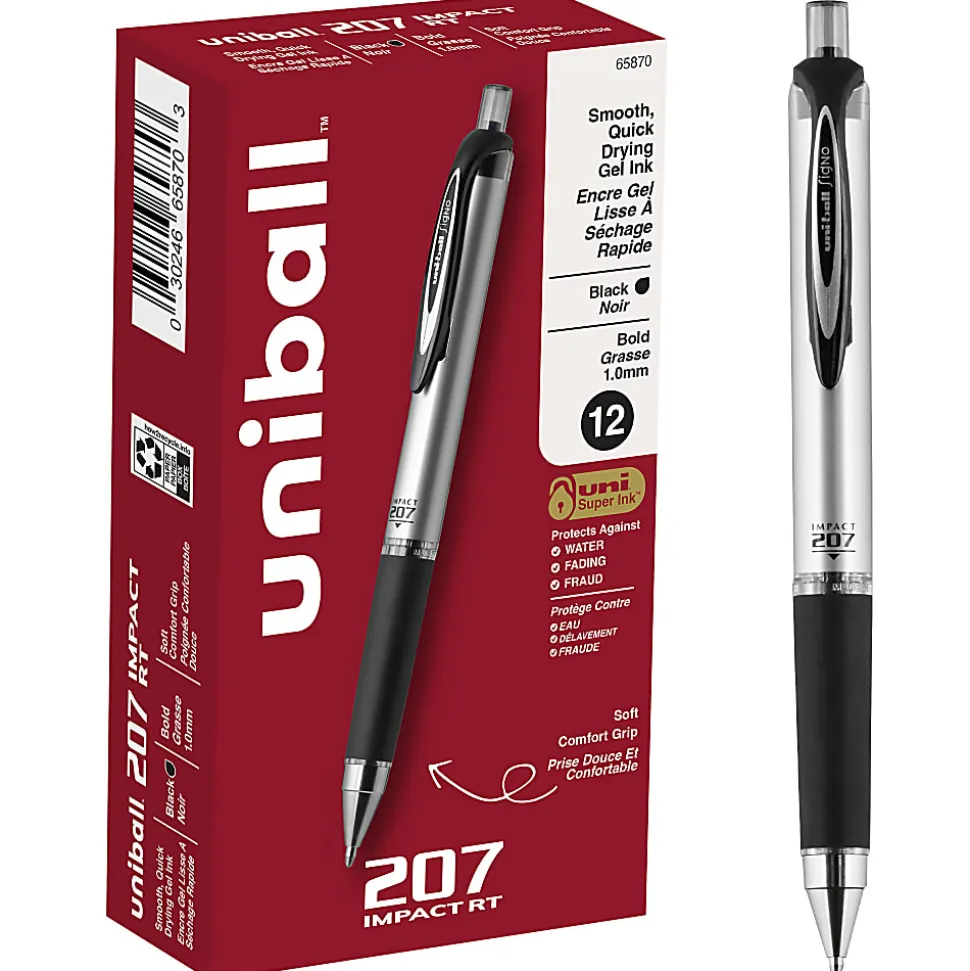 uni-ball® RT Gel Pens, 207™ Impact™, Bold Point, 1.0 mm, Gray Barrel, Black Ink, Pack Of 12