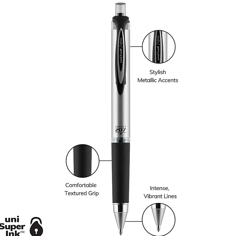 uni-ball® RT Gel Pens, 207™ Impact™, Bold Point, 1.0 mm, Gray Barrel, Black Ink, Pack Of 12