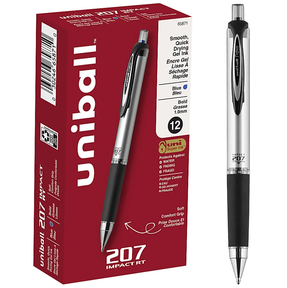 uni-ball® RT Gel Pens, 207™ Impact™, Bold Point, 1.0 mm, Gray Barrel, Blue Ink, Pack Of 12