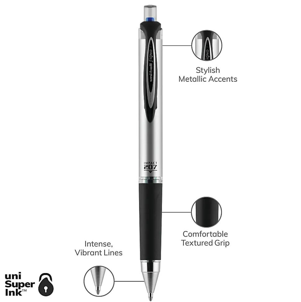 uni-ball® RT Gel Pens, 207™ Impact™, Bold Point, 1.0 mm, Gray Barrel, Blue Ink, Pack Of 12