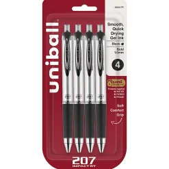 uni-ball® RT Retractable Gel Pens, Gel Impact®, Bold Point, 1.0 mm, Silver Barrels, Black Ink, Pack Of 4
