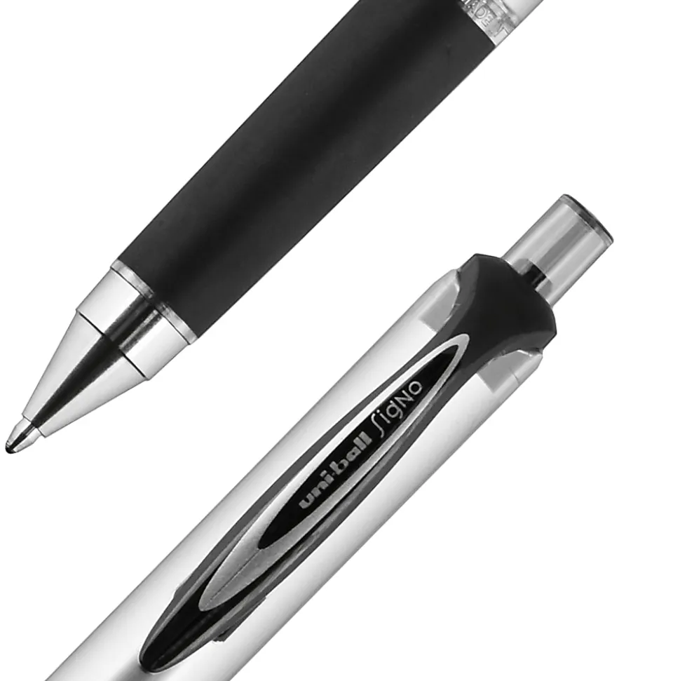 uni-ball® RT Retractable Gel Pens, Gel Impact®, Bold Point, 1.0 mm, Silver Barrels, Black Ink, Pack Of 4