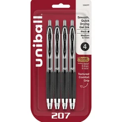 uni-ball® Signo Gel 207™ Retractable Gel Pens, Medium Point, 0.7 mm, Clear Barrel, Black Ink, Pack Of 4 Pens