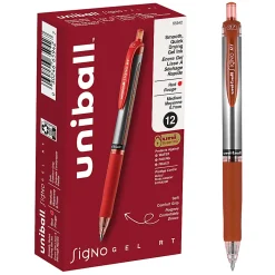 uni-ball® Signo Gel RT™ Retractable Pens, Medium Point, 0.7 mm, Silver Barrel, Red Ink, Pack Of 12 Pens