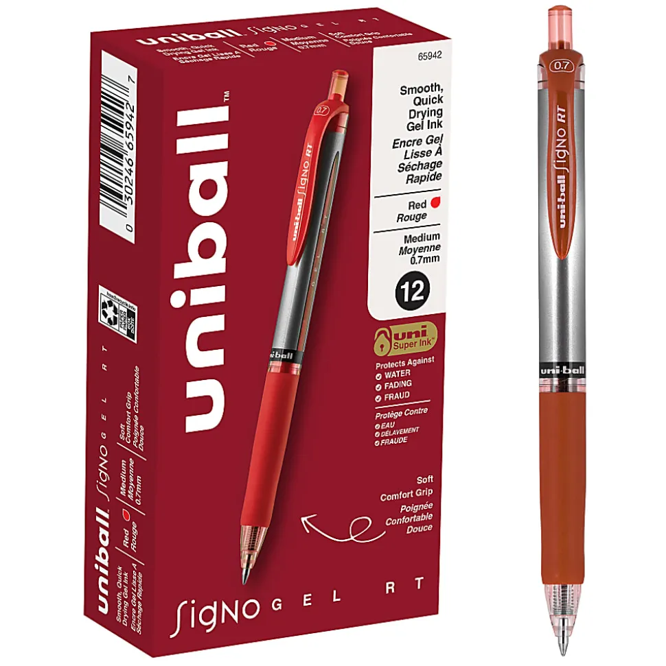 uni-ball® Signo Gel RT™ Retractable Pens, Medium Point, 0.7 mm, Silver Barrel, Red Ink, Pack Of 12 Pens