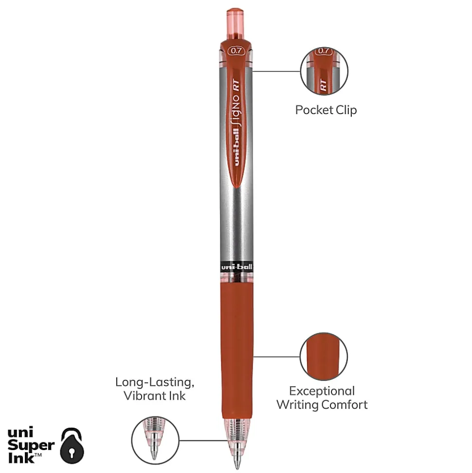 uni-ball® Signo Gel RT™ Retractable Pens, Medium Point, 0.7 mm, Silver Barrel, Red Ink, Pack Of 12 Pens