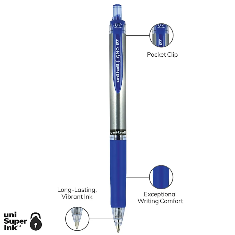 uni-ball® Signo Gel RT™ Retractable Pens, Medium Point, 0.7 mm, Silver Barrel, Blue Ink, Pack Of 12 Pens