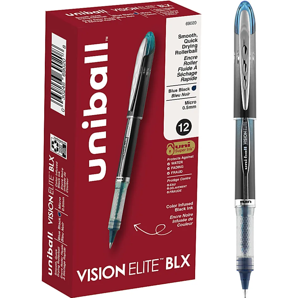 uni-ball® Vision™ Elite™ BLX Infusion Liquid Ink Rollerball Pens, Micro Point, 0.5 mm, Black Barrel, Black/Blue Ink, Pack Of 12