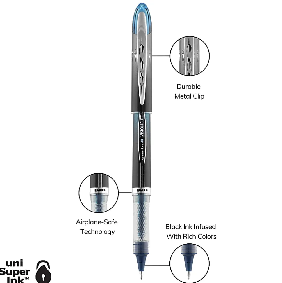 uni-ball® Vision™ Elite™ BLX Infusion Liquid Ink Rollerball Pens, Micro Point, 0.5 mm, Black Barrel, Black/Blue Ink, Pack Of 12