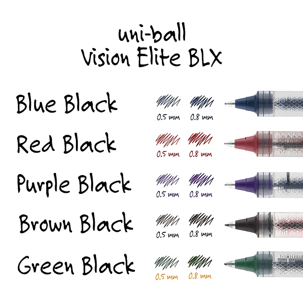uni-ball® Vision™ Elite™ BLX Infusion Liquid Ink Rollerball Pens, Micro Point, 0.5 mm, Black Barrel, Black/Blue Ink, Pack Of 12