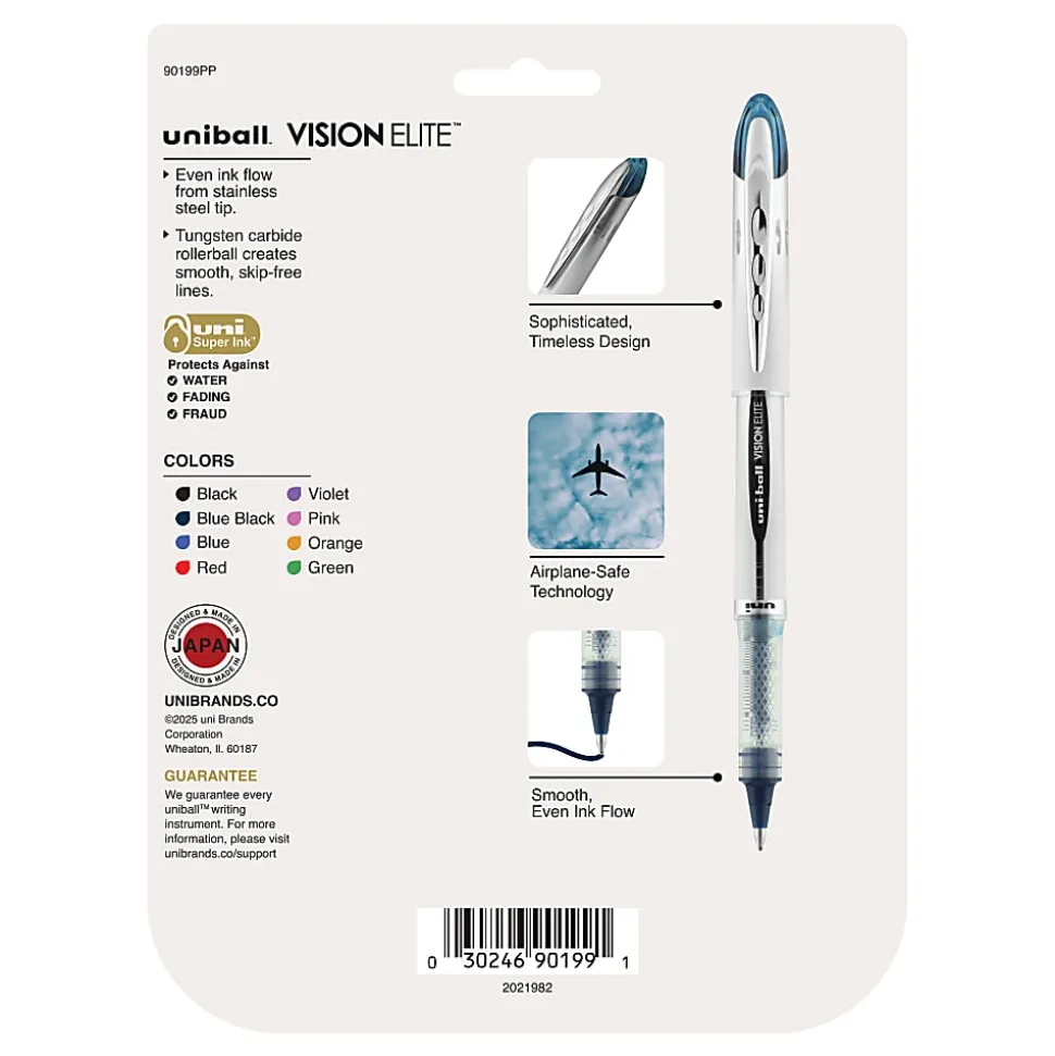 uni-ball® Vision™ Elite™ Liquid Ink Rollerball Pens, Bold Point, 0.8 mm, Black Barrel, Assorted Ink Colors, Pack Of 8