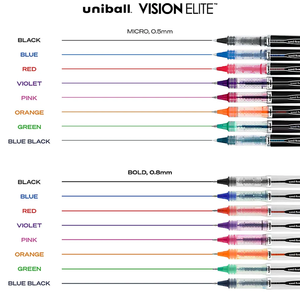 uni-ball® Vision™ Elite™ Liquid Ink Rollerball Pens, Bold Point, 0.8 mm, Black Barrel, Assorted Ink Colors, Pack Of 8