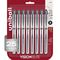 uni-ball® Vision™ Elite™ Liquid Ink Rollerball Pens, Bold Point, 0.8 mm, Silver Barrel, Black Ink, Pack Of 8