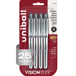 uni-ball® Vision™ Elite™ Liquid Ink Rollerball Pens, Bold Point, 0.8 mm, White Barrel, Black Ink, Pack Of 4