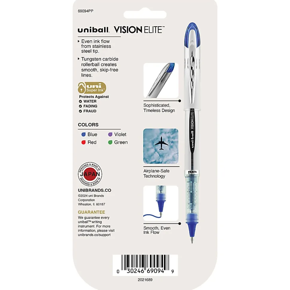 uni-ball® Vision™ Elite™ Liquid Ink Rollerball Pens, Bold Point, 0.8 mm, White Barrel, Assorted Ink Colors, Pack Of 4