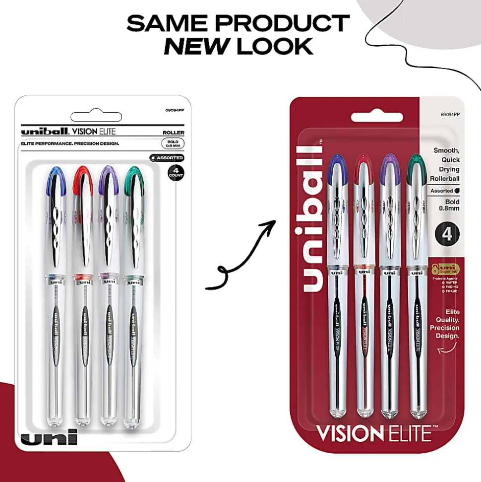 uni-ball® Vision™ Elite™ Liquid Ink Rollerball Pens, Bold Point, 0.8 mm, White Barrel, Assorted Ink Colors, Pack Of 4