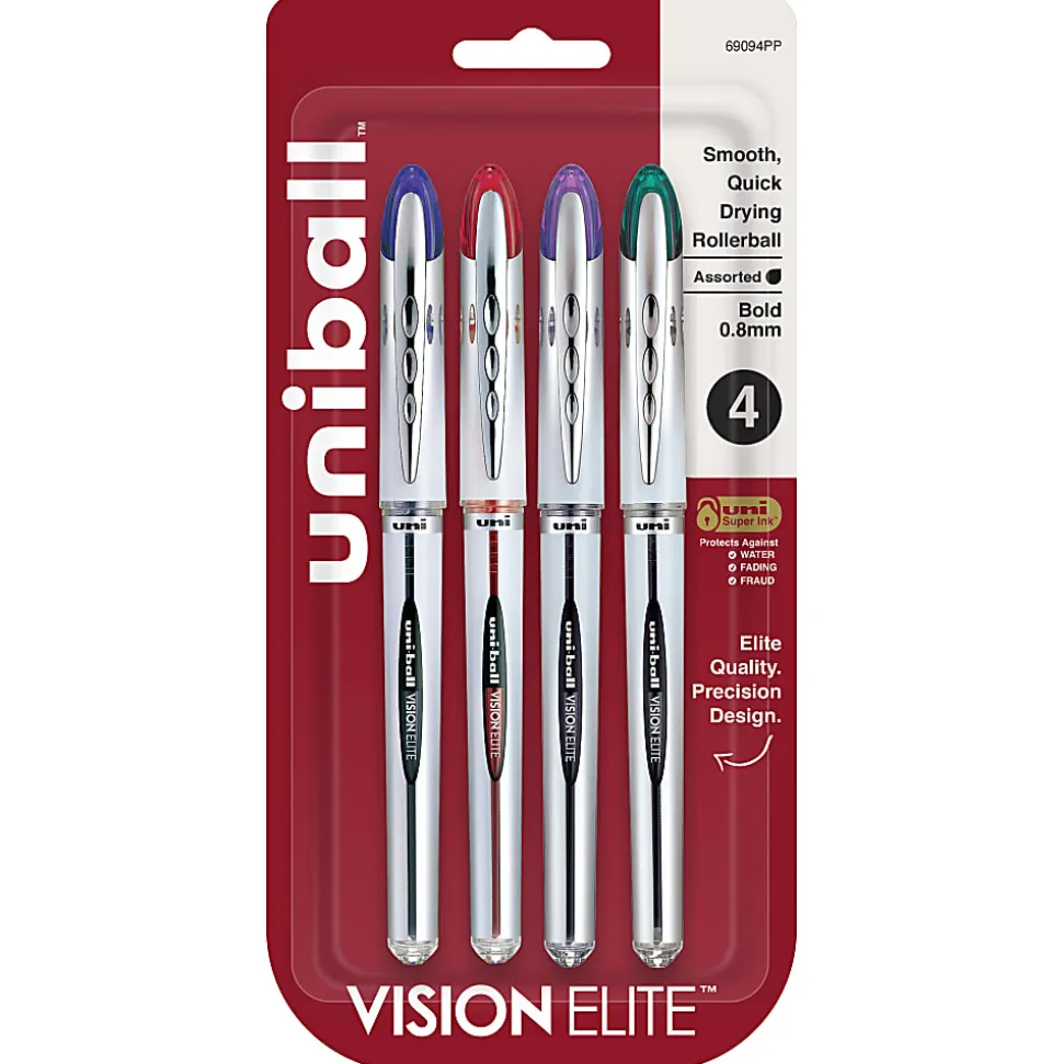 uni-ball® Vision™ Elite™ Liquid Ink Rollerball Pens, Bold Point, 0.8 mm, White Barrel, Assorted Ink Colors, Pack Of 4