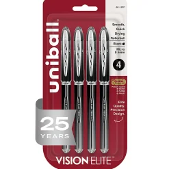 uni-ball® Vision™ Elite™ Liquid Ink Rollerball Pens, Microtip, 0.5 mm, Black Barrel, Black Ink, Pack Of 4