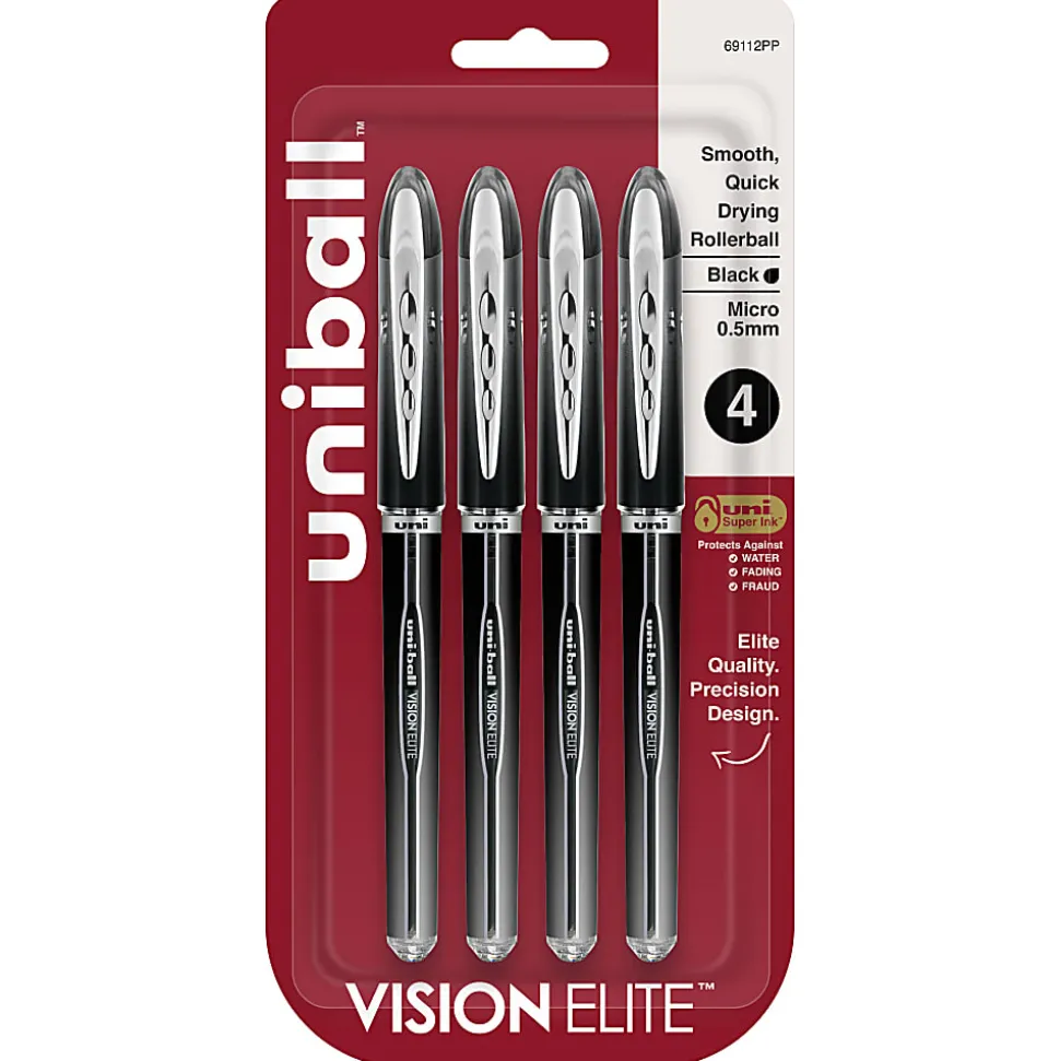 uni-ball® Vision™ Elite™ Liquid Ink Rollerball Pens, Microtip, 0.5 mm, Black Barrel, Black Ink, Pack Of 4