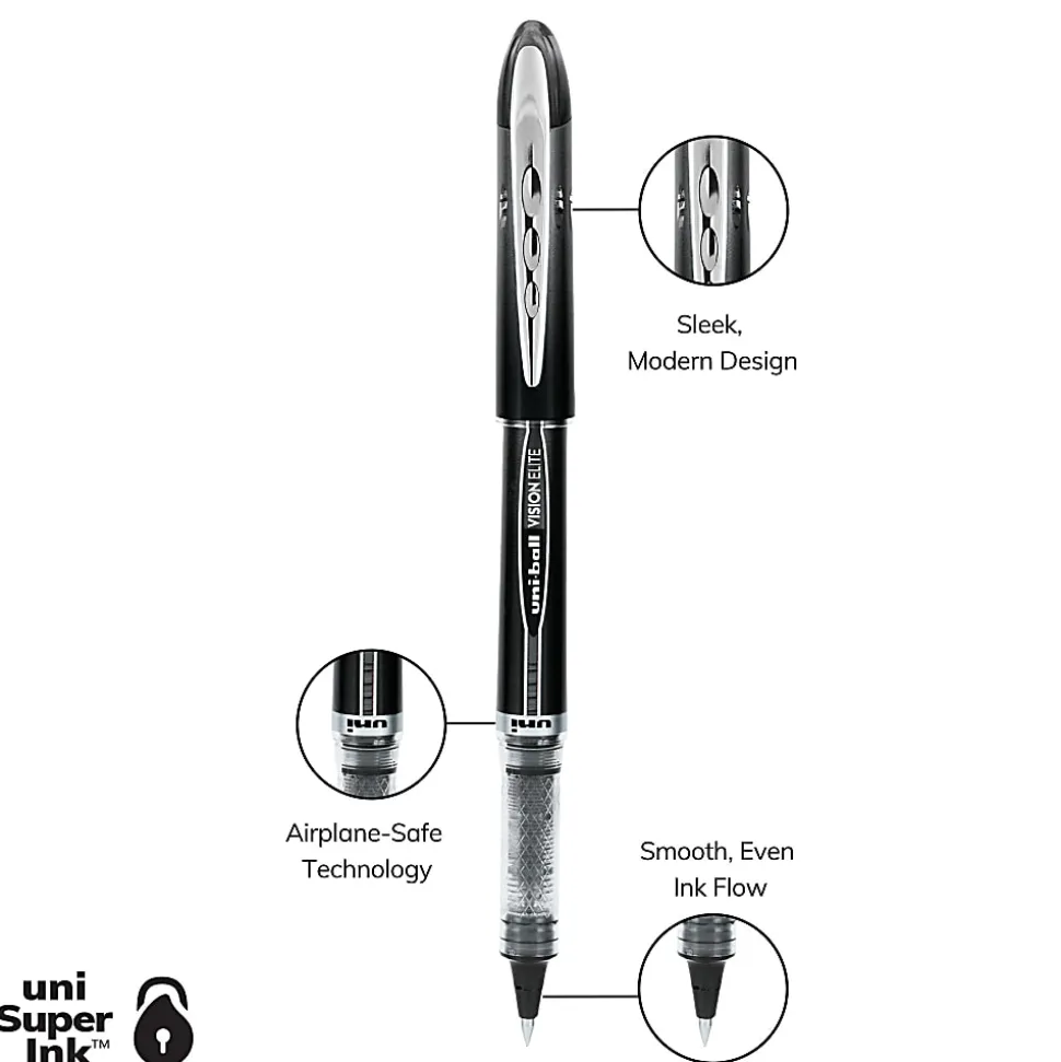 uni-ball® Vision™ Elite™ Liquid Ink Rollerball Pens, Microtip, 0.5 mm, Black Barrel, Black Ink, Pack Of 4