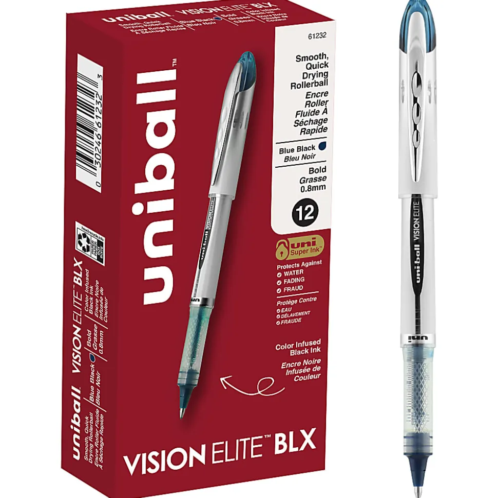 uni-ball® Vision™ Elite™ Liquid Ink Rollerball Pens, Bold Point, 0.8 mm, White Barrel, Blue/Black Ink, Pack Of 12