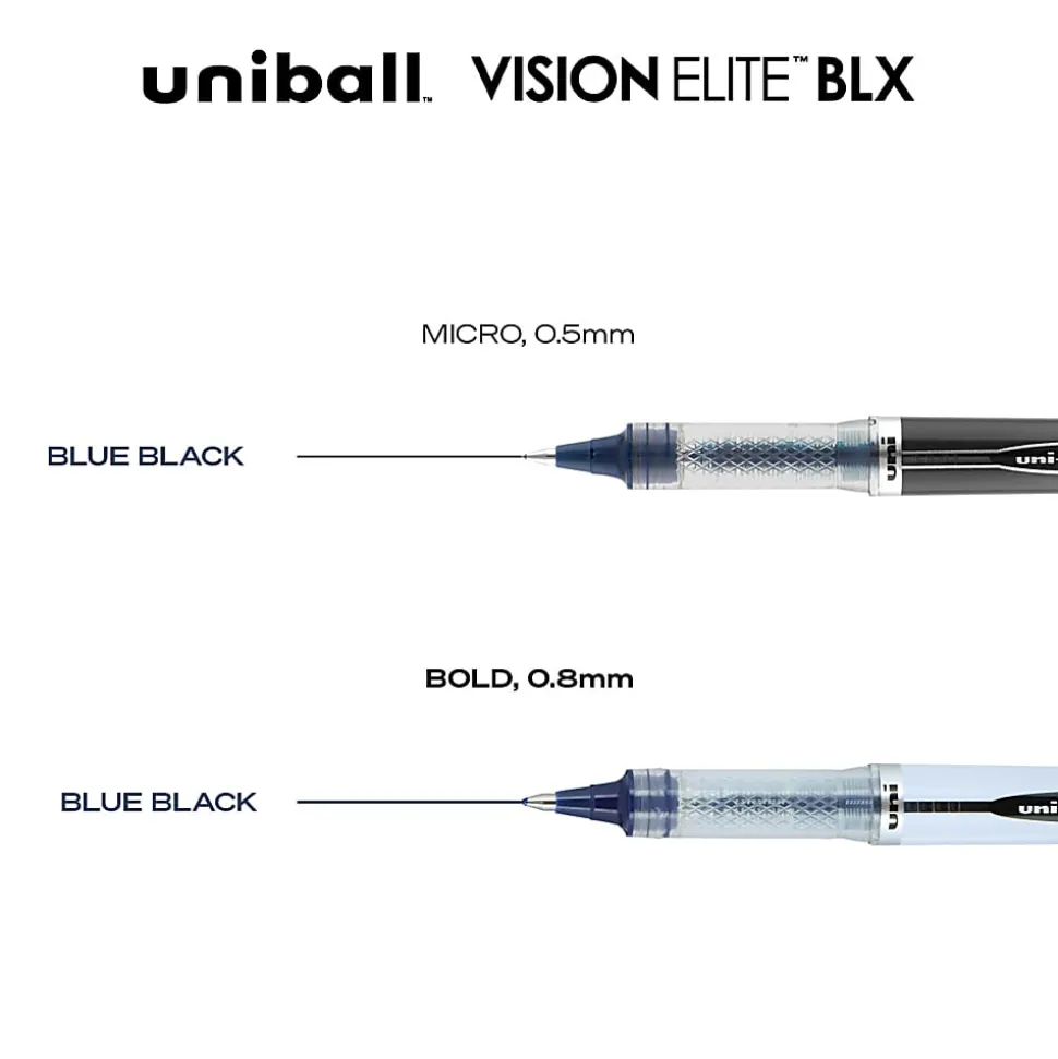 uni-ball® Vision™ Elite™ Liquid Ink Rollerball Pens, Bold Point, 0.8 mm, White Barrel, Blue/Black Ink, Pack Of 12
