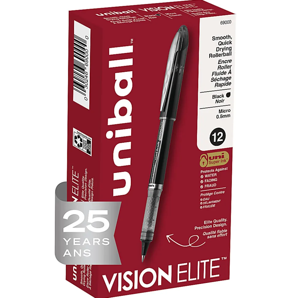 uni-ball® Vision™ Elite™ Liquid Ink Rollerball Pens, Micro Point, 0.5 mm, Black Barrel, Black Ink, Pack Of 12