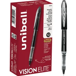 uni-ball® Vision™ Elite™ Liquid Ink Rollerball Pens, Micro Point, 0.5 mm, Black Barrel, Black Ink, Pack Of 12