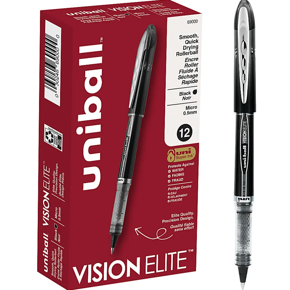 uni-ball® Vision™ Elite™ Liquid Ink Rollerball Pens, Micro Point, 0.5 mm, Black Barrel, Black Ink, Pack Of 12
