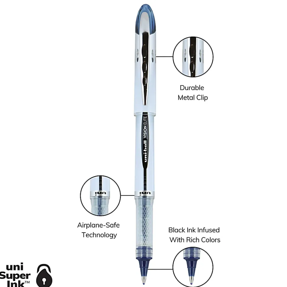 uni-ball® Vision™ Elite™ Rollerball Pen, Bold Point, 0.8 mm, White Barrel, Blue-Black Ink