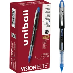 uni-ball® Vision™ Elite™ Rollerball Pens, Ultra-Fine Point, 0.5 mm, Black Barrel, Blue Ink, Pack Of 12 Pens