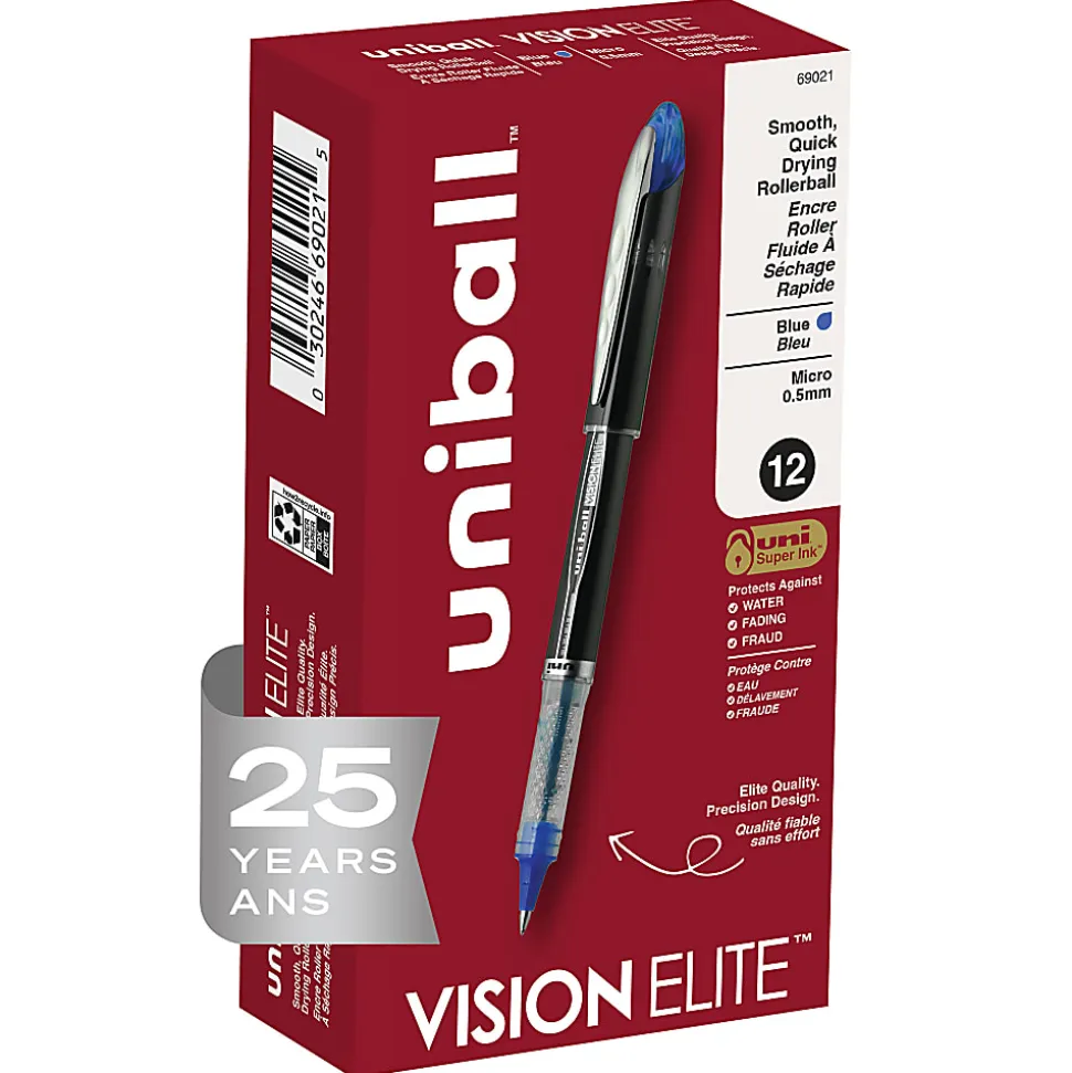 uni-ball® Vision™ Elite™ Rollerball Pens, Ultra-Fine Point, 0.5 mm, Black Barrel, Blue Ink, Pack Of 12 Pens