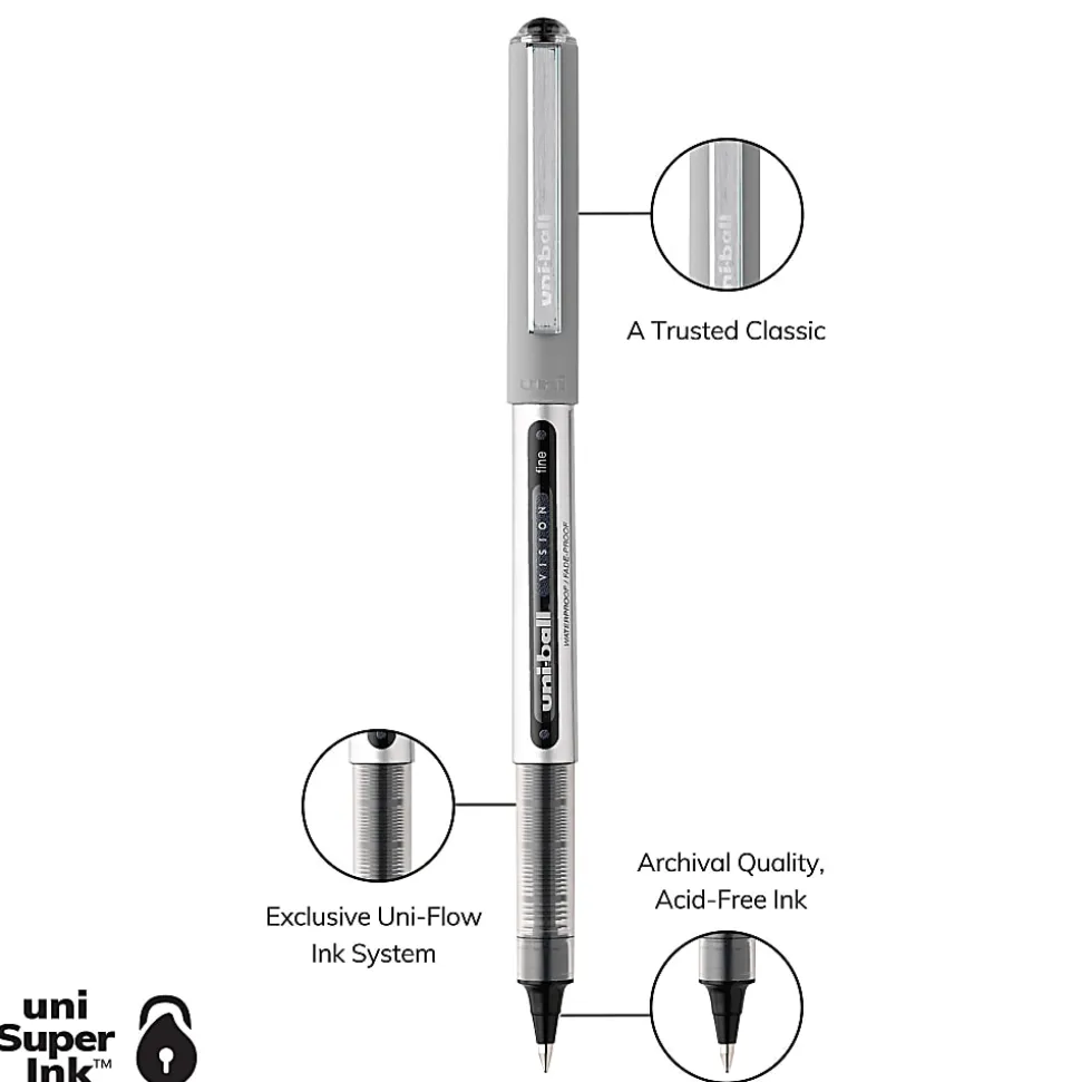 uni-ball® Vision™ Liquid Ink Rollerball Pens, Fine Point, 0.7 mm, Silver Barrel, Black Ink, Pack Of 5 Pens