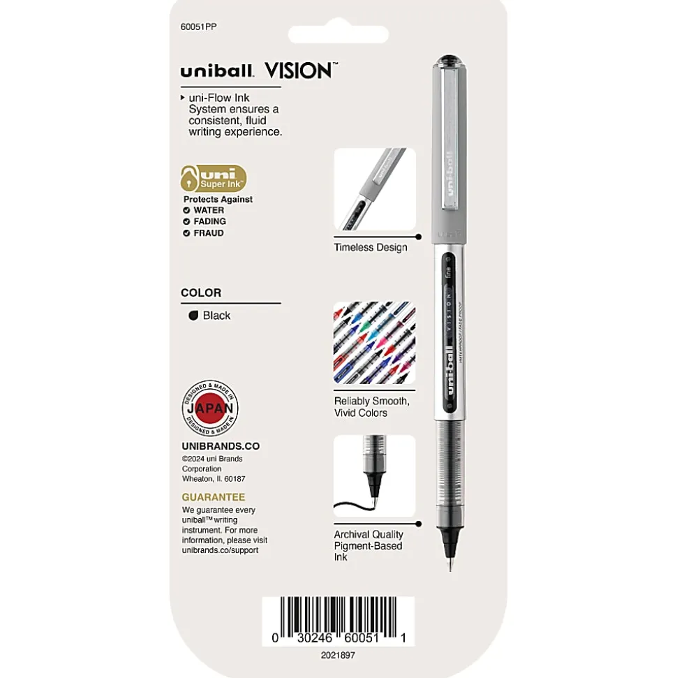 uni-ball® Vision™ Liquid Ink Rollerball Pens, Fine Point, 0.7 mm, Silver Barrel, Black Ink, Pack Of 5 Pens