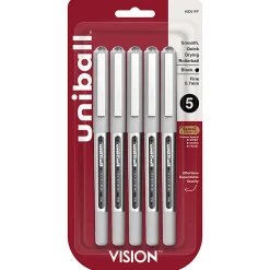 uni-ball® Vision™ Liquid Ink Rollerball Pens, Fine Point, 0.7 mm, Silver Barrel, Black Ink, Pack Of 5 Pens
