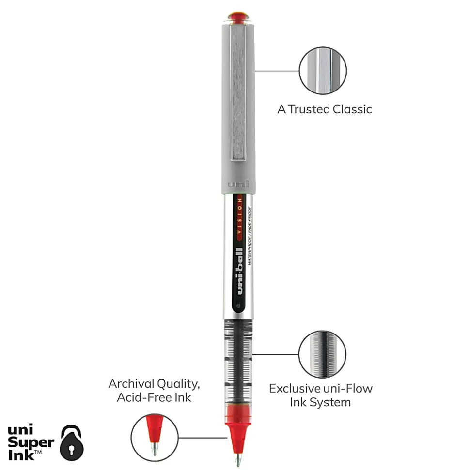 uni-ball® Vision™ Liquid Ink Rollerball Pen, Fine Point, 0.7 mm, Gray Barrel, Red Ink