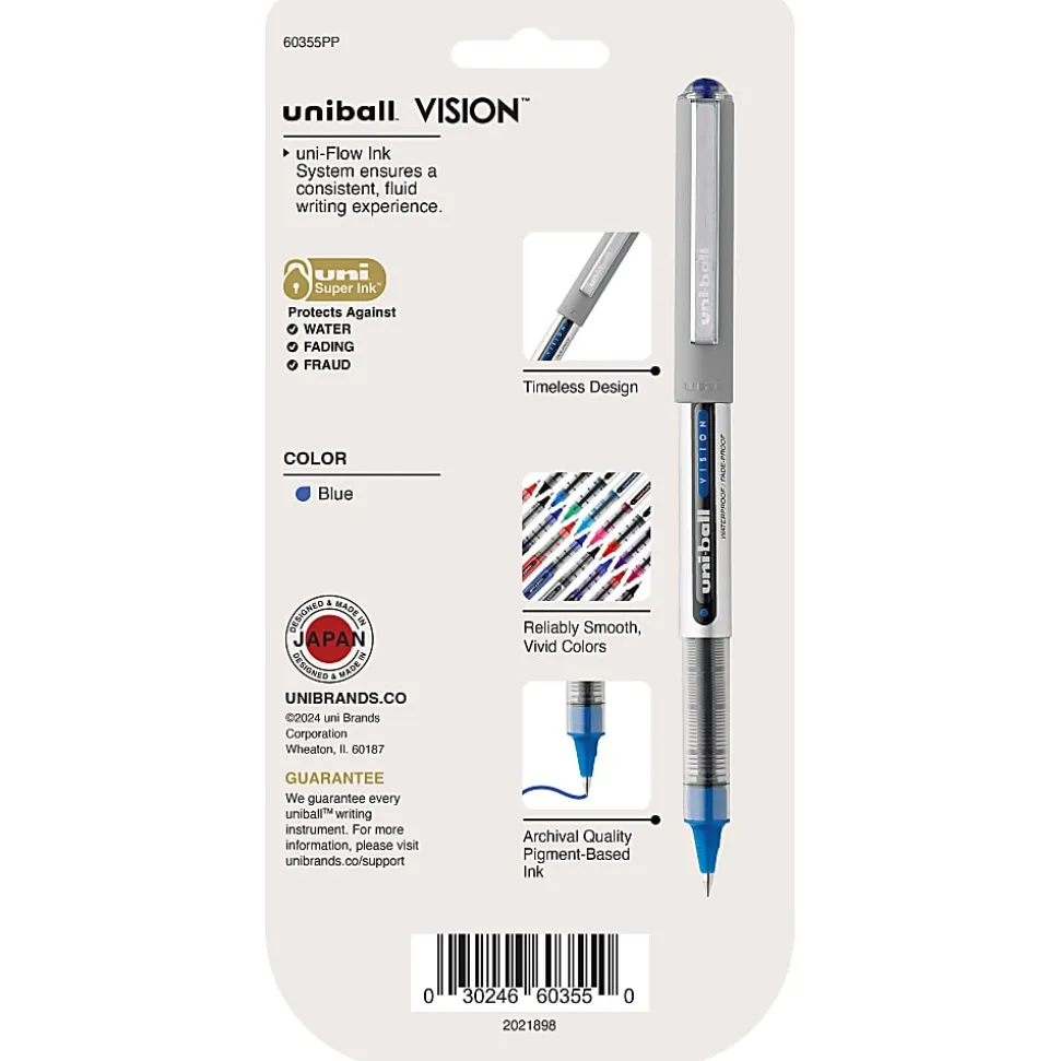 uni-ball® Vision™ Liquid Ink Rollerball Pens, Fine Point, 0.7 mm, Gray Barrel, Blue Ink, Pack Of 5 Pens