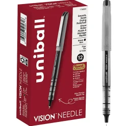 uni-ball® Vision™ Needle Liquid Ink Rollerball Pens, Fine Point, 0.7 mm, Gray Barrel, Black Ink, Pack Of 12