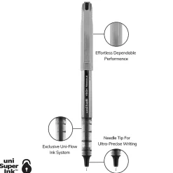 uni-ball® Vision™ Needle Liquid Ink Rollerball Pens, Fine Point, 0.7 mm, Gray Barrel, Black Ink, Pack Of 12