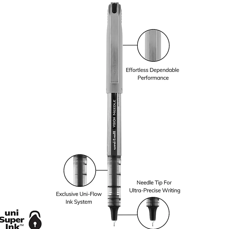 uni-ball® Vision™ Needle Liquid Ink Rollerball Pens, Fine Point, 0.7 mm, Gray Barrel, Black Ink, Pack Of 12