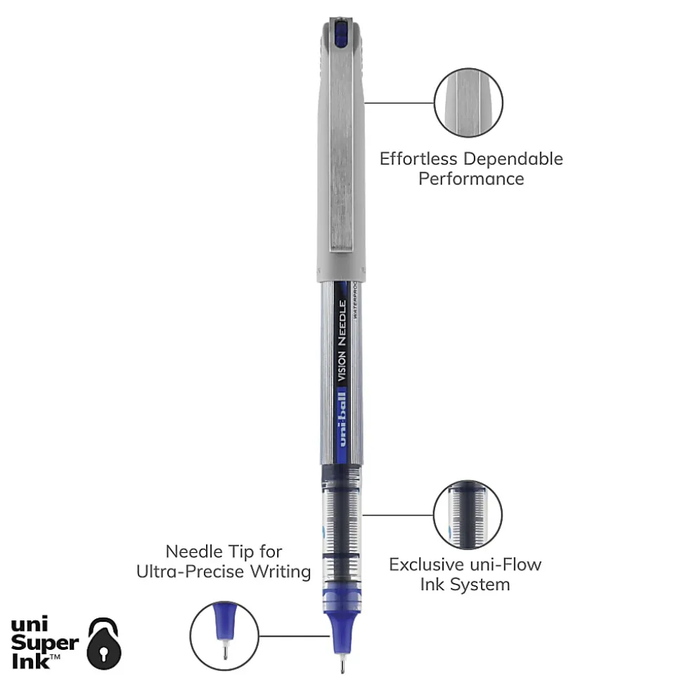 uni-ball® Vision™ Needle Liquid Ink Rollerball Pens, Fine Point, 0.7 mm, Gray Barrel, Blue Ink, Pack Of 12