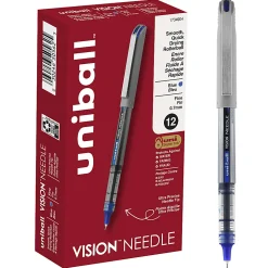 uni-ball® Vision™ Needle Liquid Ink Rollerball Pens, Fine Point, 0.7 mm, Gray Barrel, Blue Ink, Pack Of 12