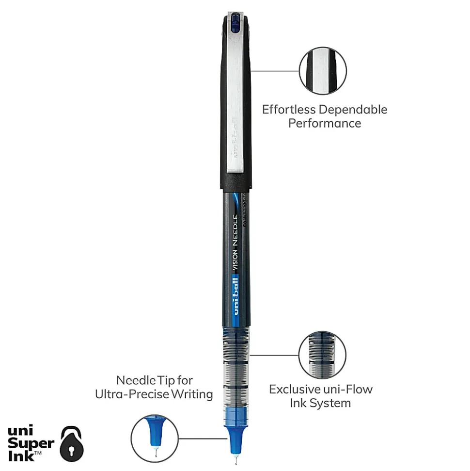 uni-ball® Vision™ Needle Liquid Ink Rollerball Pens, Micro Point, 0.5 mm, Black Barrel, Blue Ink, Pack Of 12
