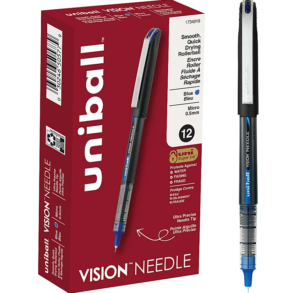 uni-ball® Vision™ Needle Liquid Ink Rollerball Pens, Micro Point, 0.5 mm, Black Barrel, Blue Ink, Pack Of 12