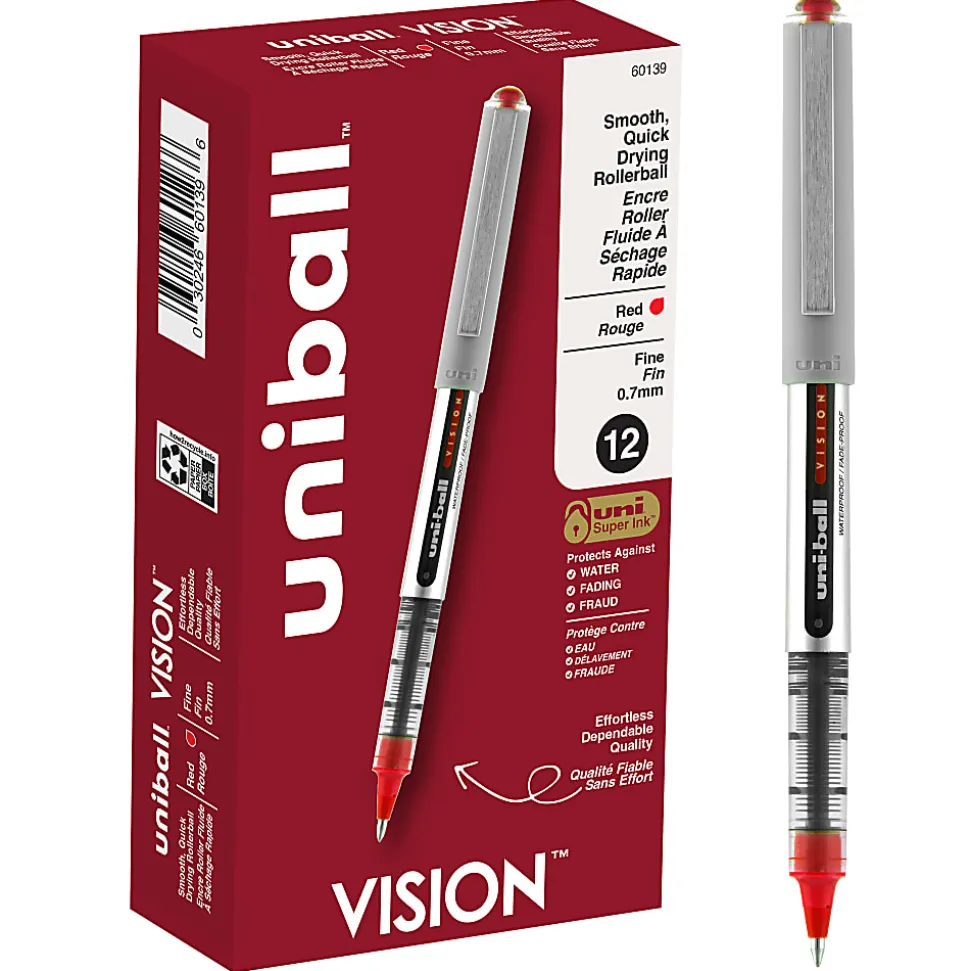 uni-ball® Vision™ Rollerball Pens, Fine Point, 0.7 mm, Gray Barrel, Red Ink, Pack Of 12