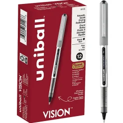 uni-ball® Vision™ Rollerball Pens, Fine Point, 0.7 mm, Gray Barrel, Black Ink, Pack Of 12