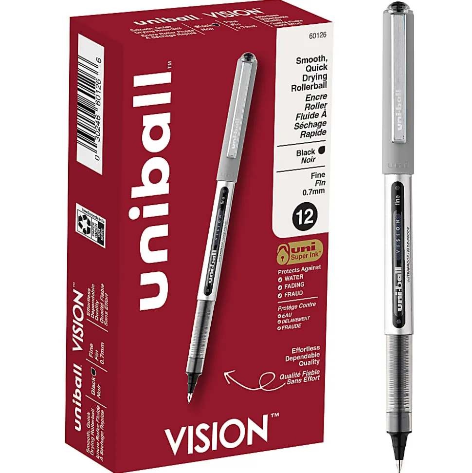 uni-ball® Vision™ Rollerball Pens, Fine Point, 0.7 mm, Gray Barrel, Black Ink, Pack Of 12