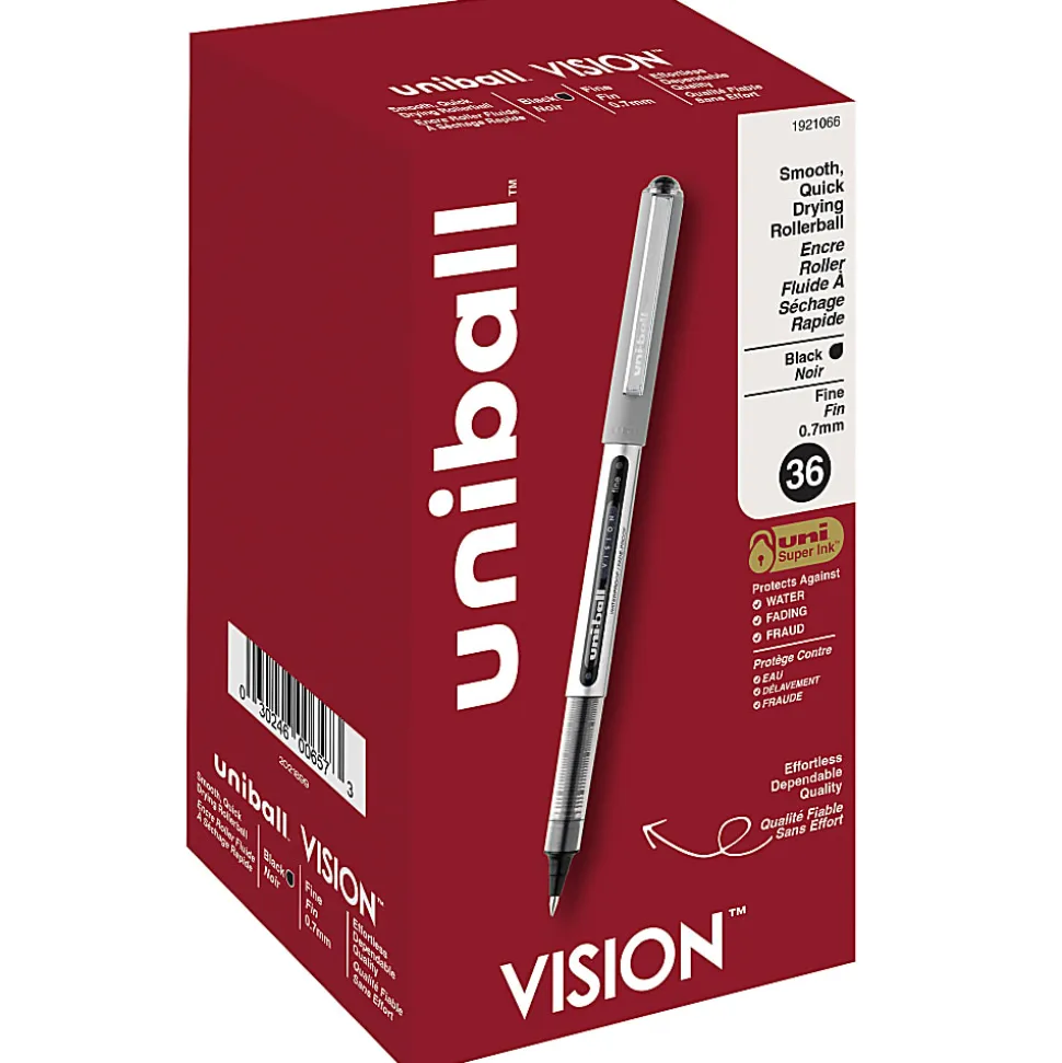 uni-ball® Vision™ Rollerball Pens, Fine Point, 0.7 mm, Gray Barrel, Black Ink, Pack Of 36