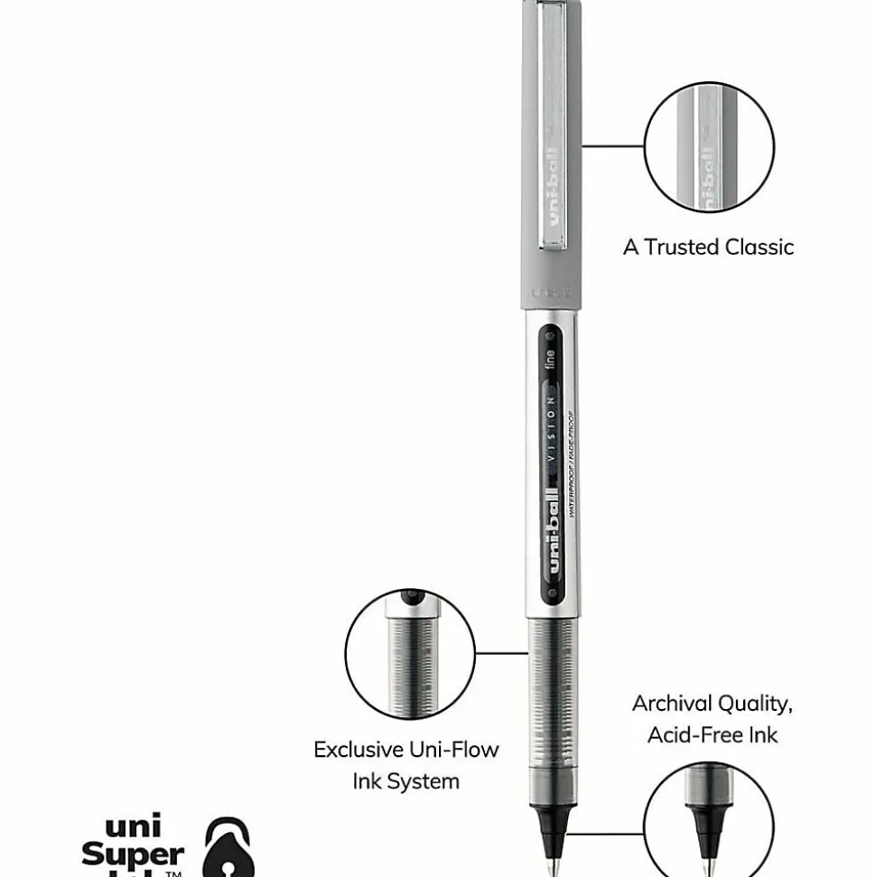 uni-ball® Vision™ Rollerball Pens, Fine Point, 0.7 mm, Gray Barrel, Black Ink, Pack Of 36