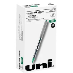 Uni-Ball Vision Rollerball Pens, Pack Of 12, Fine Point, 0.7 mm, Silver Barrel, Green Ink